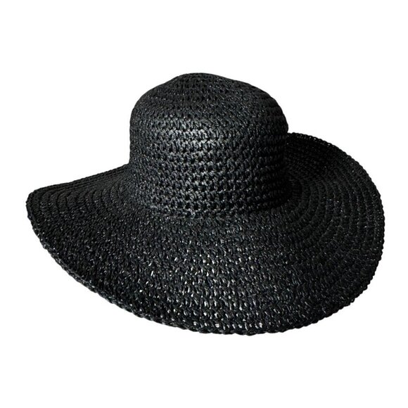 NWT French Connection Black Wide Brim Straw Sun Summer Floppy Hat - Picture 1 of 12